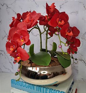 Arranjo Com 4 Orquídeas Vermelha Vaso Dourado 28cm